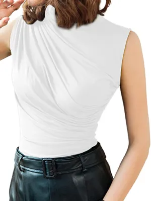 Avanova Women Fitted Sleeveless Ruched Tank Top Shirt Mock Turtleneck Blouses