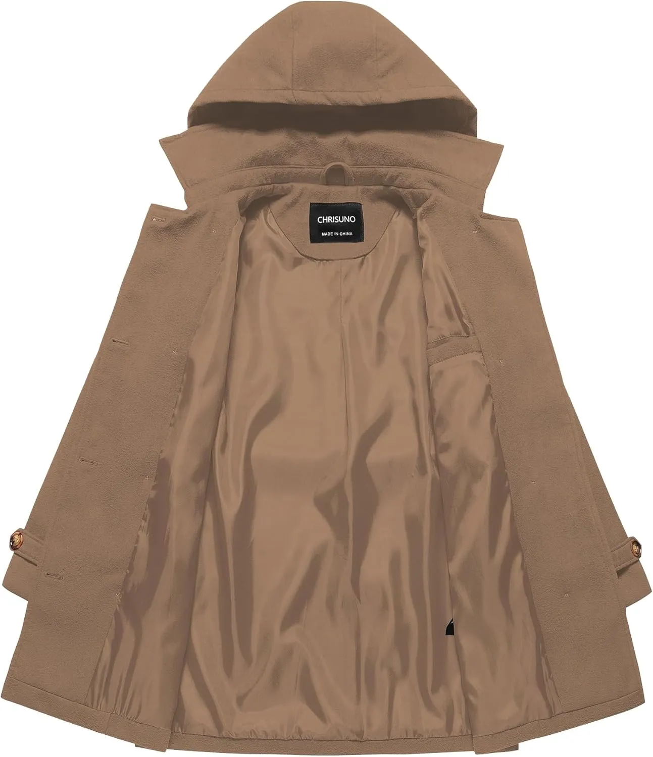 Chrisuno Women's Double Breasted Pea Coat Hooded Long Winter Trench Coat
