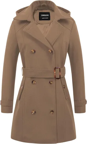 Chrisuno Women's Double Breasted Pea Coat Hooded Long Winter Trench Coat
