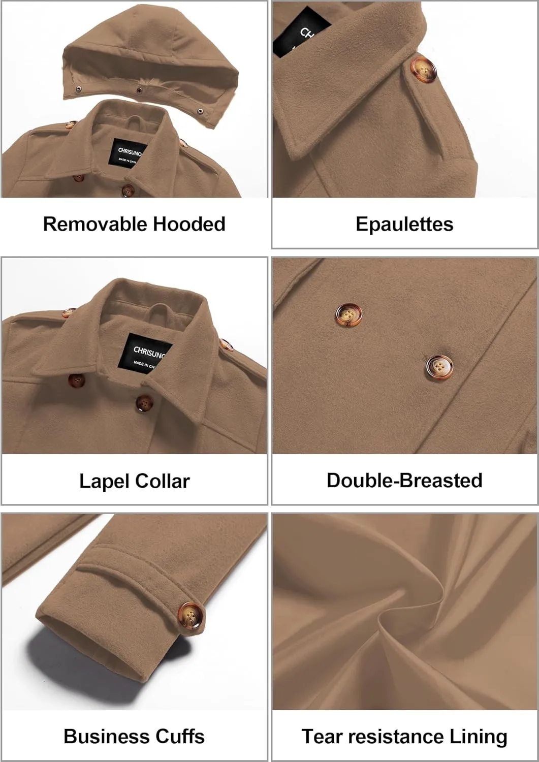 Chrisuno Women's Double Breasted Pea Coat Hooded Long Winter Trench Coat