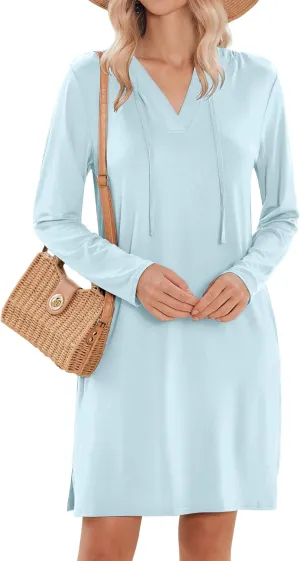 HOTOUCH Womens UPF 50  Cover-Up Dress Beach SPF Sun Protection Long Sleeve Shirts Dress Lightweight Athletic UV Hoodie