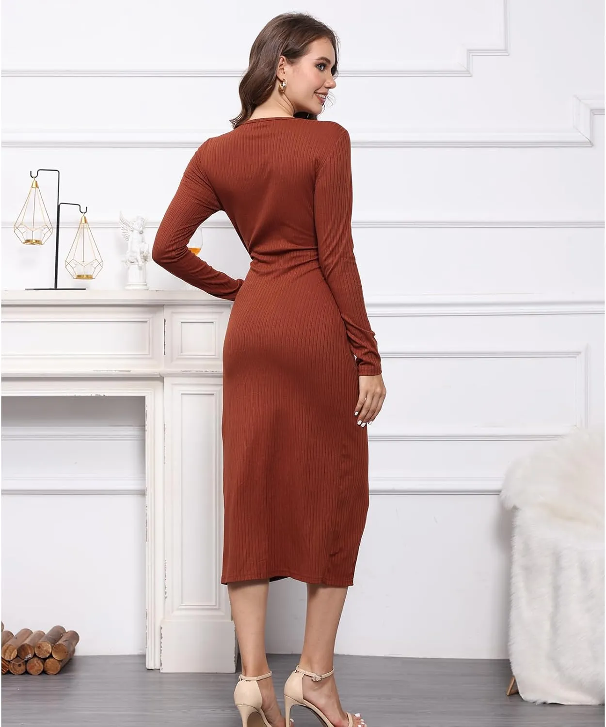 Hount Women's 2024 Fall V Neck Long Sleeve Sweater Dress Casual Ribbed Knit Bodycon Midi Cocktail Dress with Slit