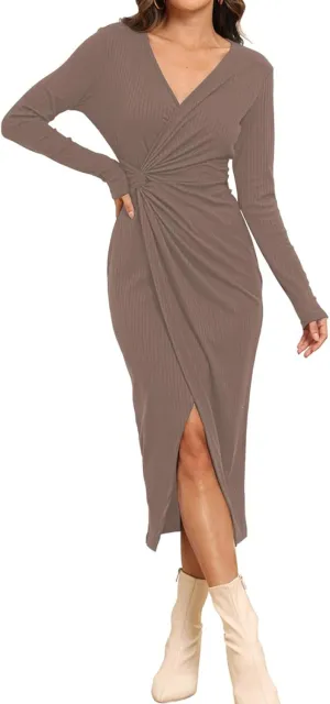 Hount Women's 2024 Fall V Neck Long Sleeve Sweater Dress Casual Ribbed Knit Bodycon Midi Cocktail Dress with Slit