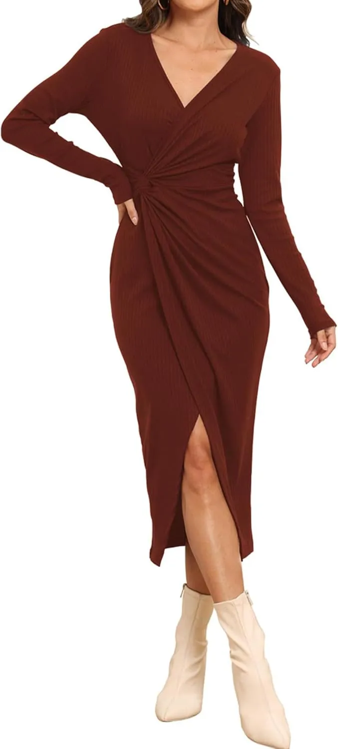 Hount Women's 2024 Fall V Neck Long Sleeve Sweater Dress Casual Ribbed Knit Bodycon Midi Cocktail Dress with Slit