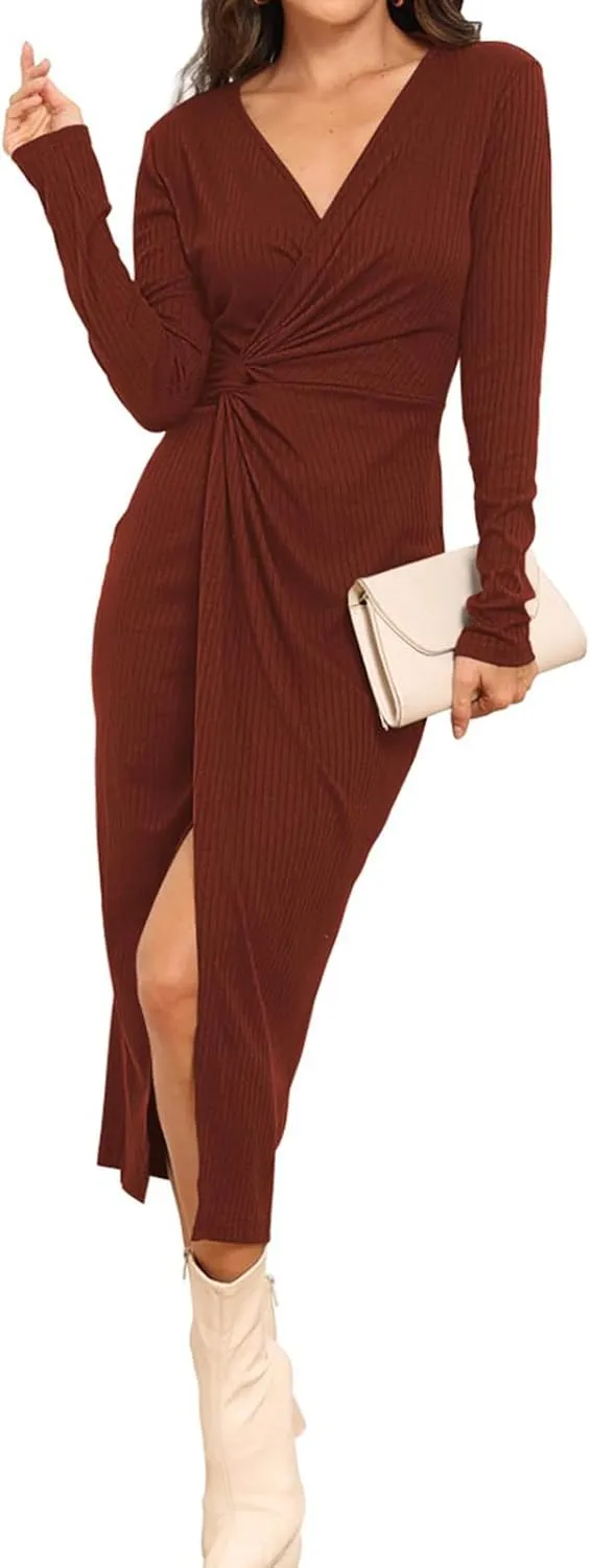 Hount Women's 2024 Fall V Neck Long Sleeve Sweater Dress Casual Ribbed Knit Bodycon Midi Cocktail Dress with Slit