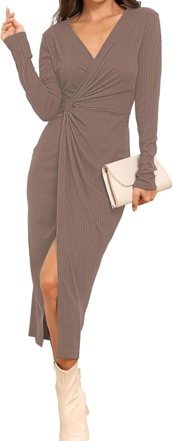 Hount Women's 2024 Fall V Neck Long Sleeve Sweater Dress Casual Ribbed Knit Bodycon Midi Cocktail Dress with Slit