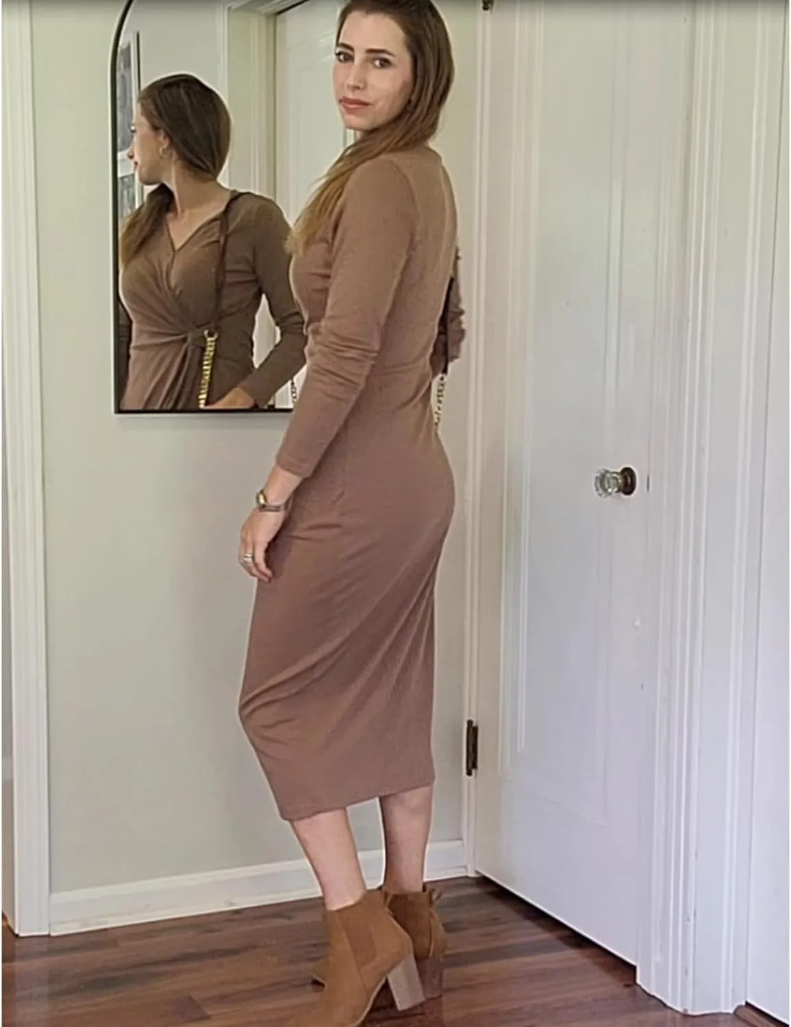 Hount Women's 2024 Fall V Neck Long Sleeve Sweater Dress Casual Ribbed Knit Bodycon Midi Cocktail Dress with Slit