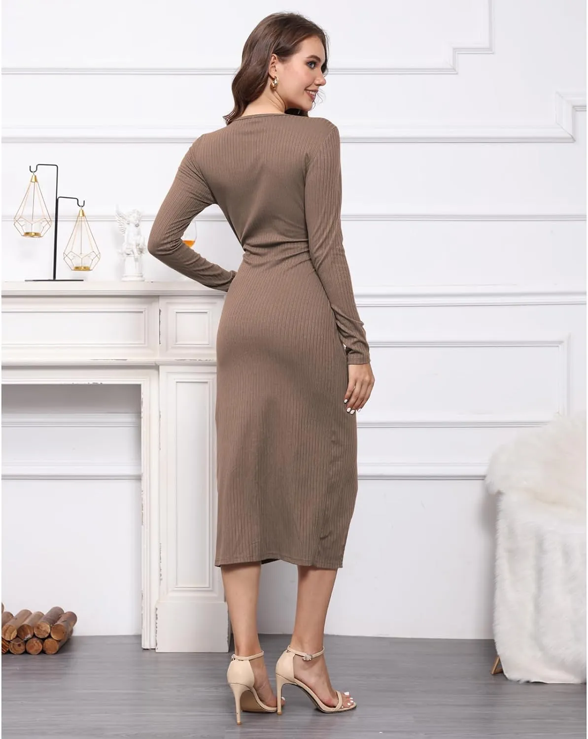 Hount Women's 2024 Fall V Neck Long Sleeve Sweater Dress Casual Ribbed Knit Bodycon Midi Cocktail Dress with Slit