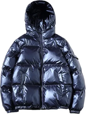 Maiyifu-GJ Men's Metallic Hooded Puffer Jacket Winter Warm Down Jackets Full Zip Alternative Quilted Padded Coat