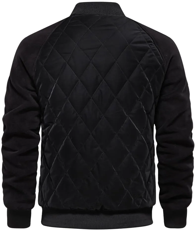 Mens Bomber Jackets Diamond Quilted Puffer Jacket Fall Winter Warm Padded Coats Rib Varsity Lightweight Coat Pockets