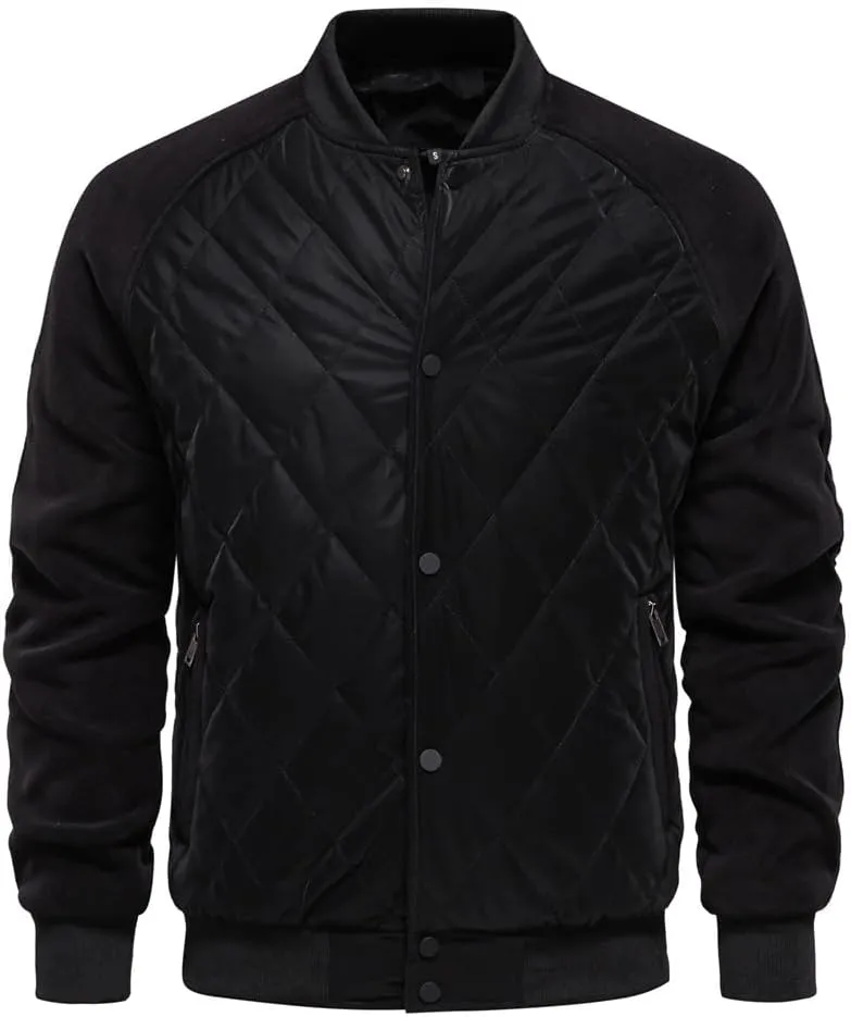 Mens Bomber Jackets Diamond Quilted Puffer Jacket Fall Winter Warm Padded Coats Rib Varsity Lightweight Coat Pockets