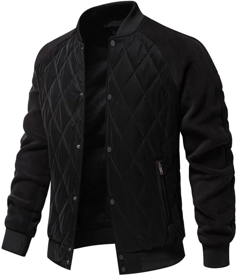 Mens Bomber Jackets Diamond Quilted Puffer Jacket Fall Winter Warm Padded Coats Rib Varsity Lightweight Coat Pockets