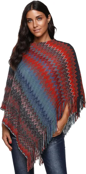 SherryDC Women's Zig-Zag Knit Tassel Fringed Pullover Poncho Sweater Cape Shawl Wrap
