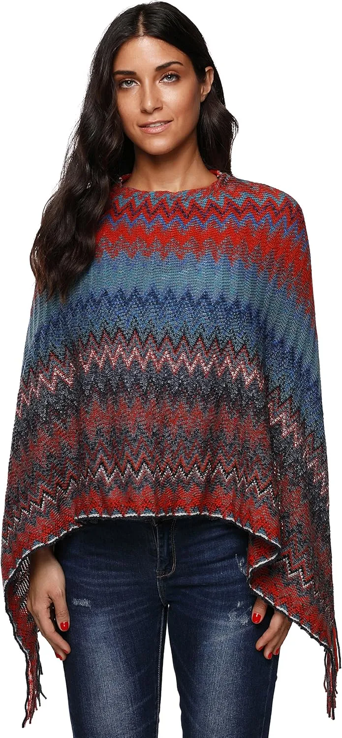 SherryDC Women's Zig-Zag Knit Tassel Fringed Pullover Poncho Sweater Cape Shawl Wrap