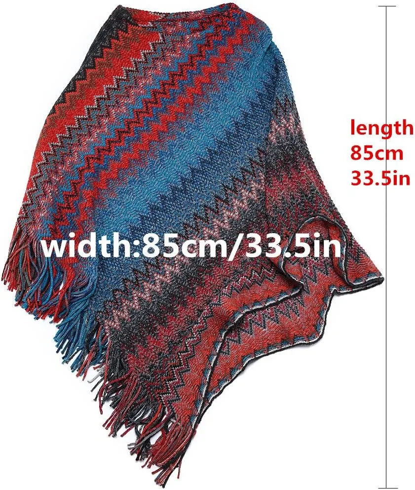 SherryDC Women's Zig-Zag Knit Tassel Fringed Pullover Poncho Sweater Cape Shawl Wrap