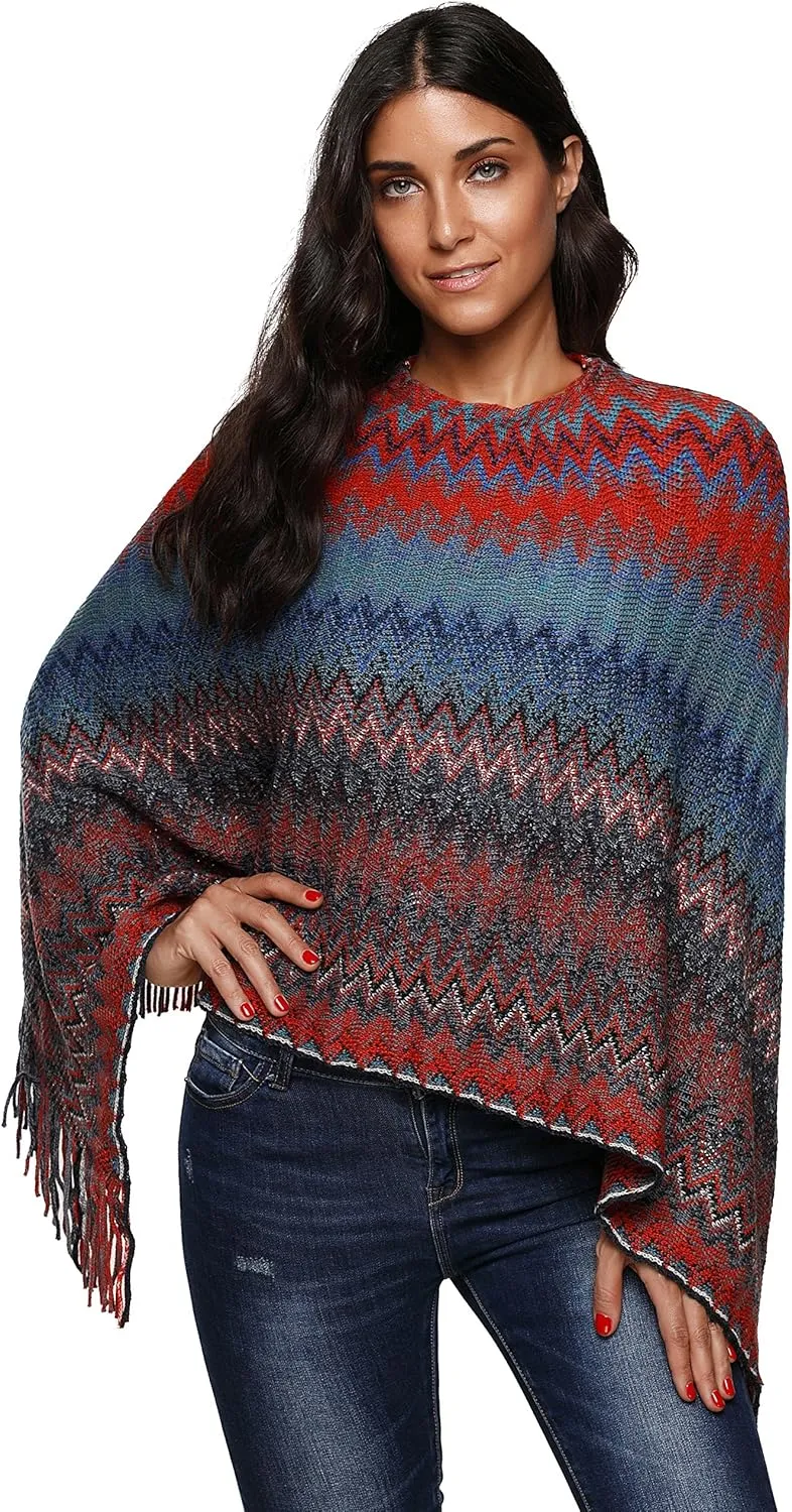 SherryDC Women's Zig-Zag Knit Tassel Fringed Pullover Poncho Sweater Cape Shawl Wrap