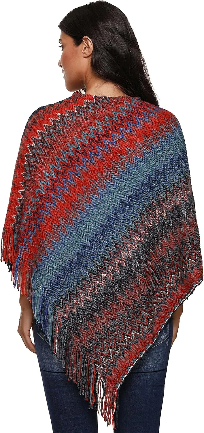 SherryDC Women's Zig-Zag Knit Tassel Fringed Pullover Poncho Sweater Cape Shawl Wrap