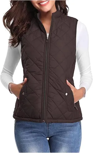 SHOPESSA Quilted Vests for Women Lightweight Stand Collar Down Coat Zip Up Women Padded Gilet with Pockets Thin Puffer Vest