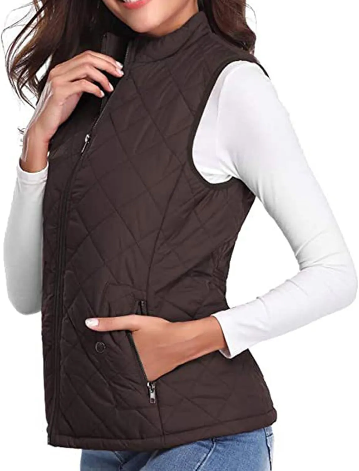 SHOPESSA Quilted Vests for Women Lightweight Stand Collar Down Coat Zip Up Women Padded Gilet with Pockets Thin Puffer Vest