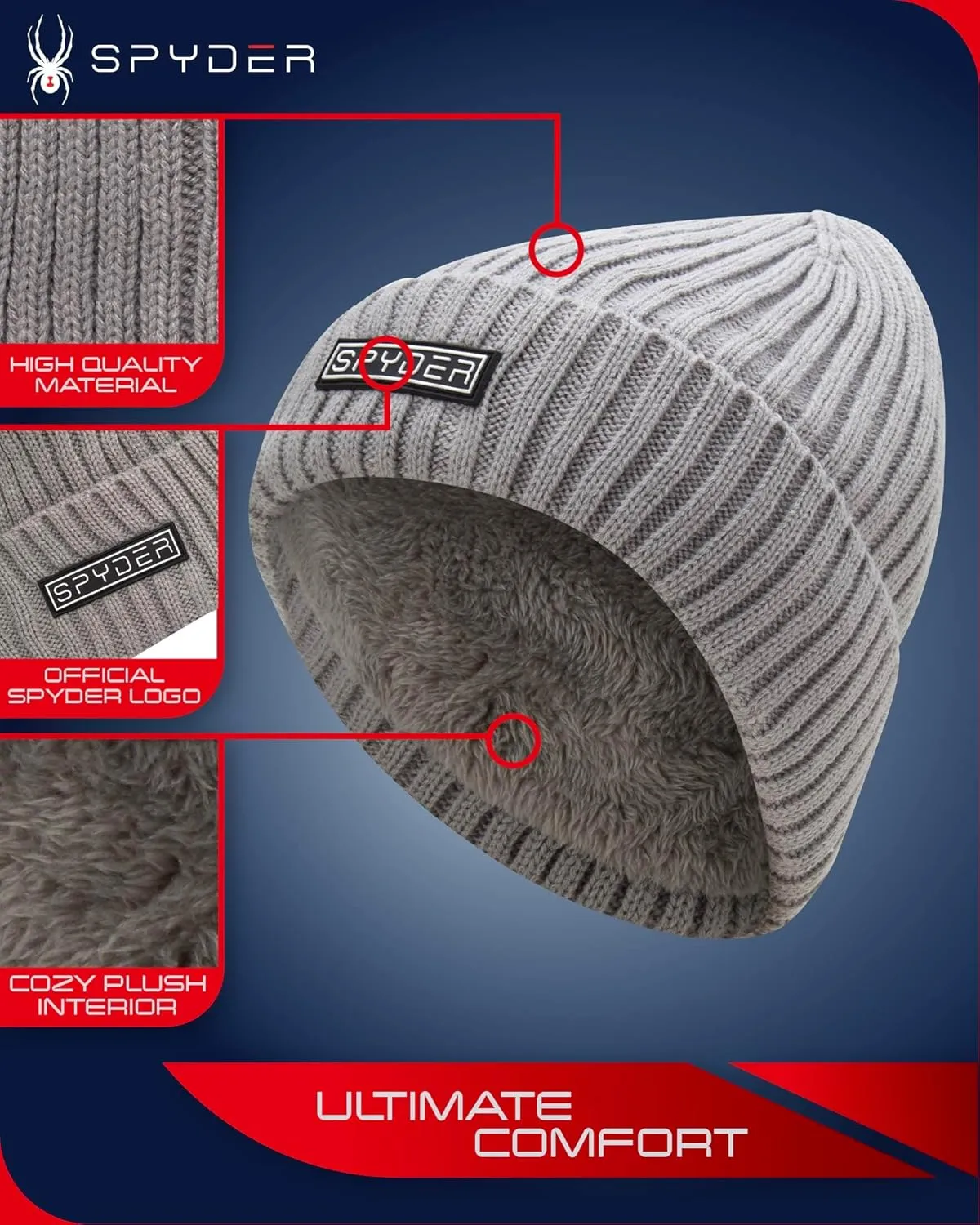 Spyder Men's Beanie - Cozy Plush Sherpa Fur Lined Ribbed Knit Cuff Winter Hat for Men with Embroidered and Rubber Logo Patch