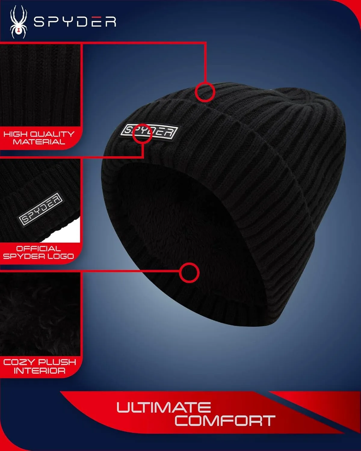 Spyder Men's Beanie - Cozy Plush Sherpa Fur Lined Ribbed Knit Cuff Winter Hat for Men with Embroidered and Rubber Logo Patch