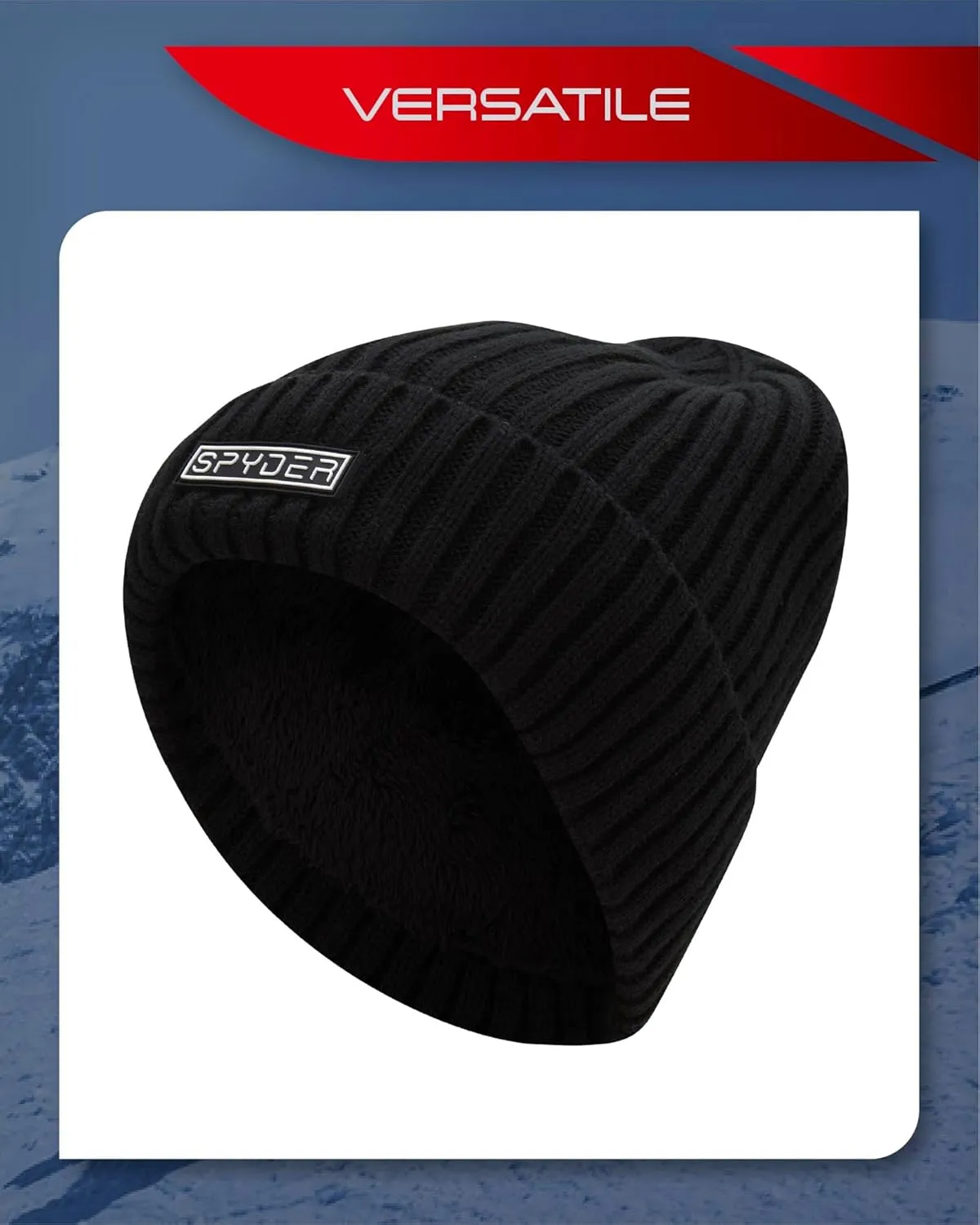 Spyder Men's Beanie - Cozy Plush Sherpa Fur Lined Ribbed Knit Cuff Winter Hat for Men with Embroidered and Rubber Logo Patch