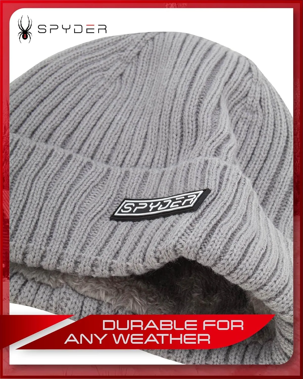 Spyder Men's Beanie - Cozy Plush Sherpa Fur Lined Ribbed Knit Cuff Winter Hat for Men with Embroidered and Rubber Logo Patch