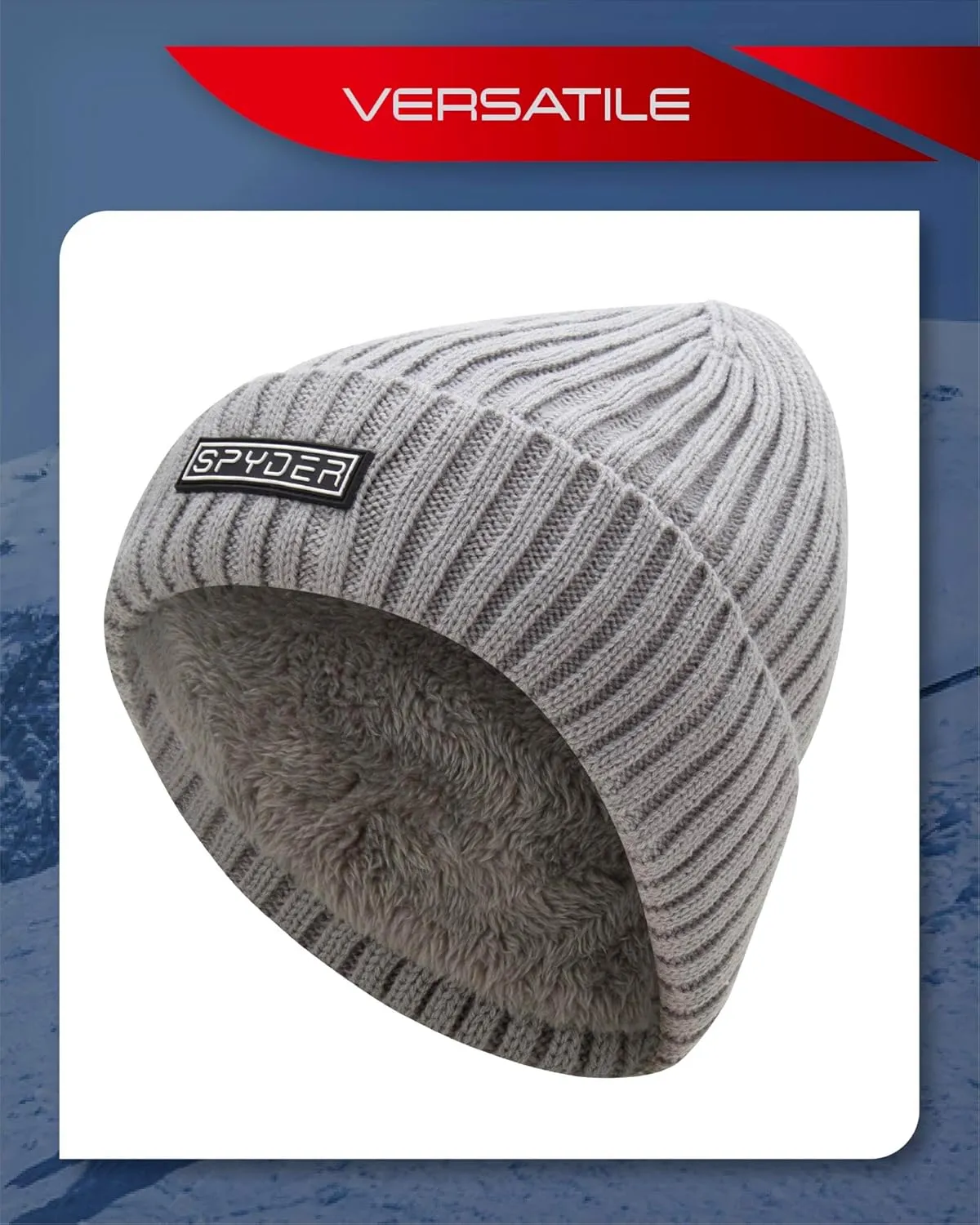 Spyder Men's Beanie - Cozy Plush Sherpa Fur Lined Ribbed Knit Cuff Winter Hat for Men with Embroidered and Rubber Logo Patch