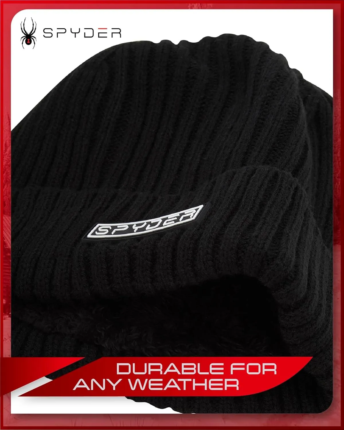 Spyder Men's Beanie - Cozy Plush Sherpa Fur Lined Ribbed Knit Cuff Winter Hat for Men with Embroidered and Rubber Logo Patch