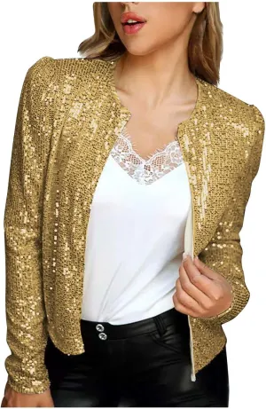 Women Fashion Cropped Sequin Blazer Jacket Casual Open Front Jacket Party Christmas Long Sleeve Sparkly Coats Tops