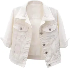 Womens Cropped Denim Jacket Button Down Jean Jacket Lightweight Trucker Coat Casual 3/4 Sleeve Tops with Pockets