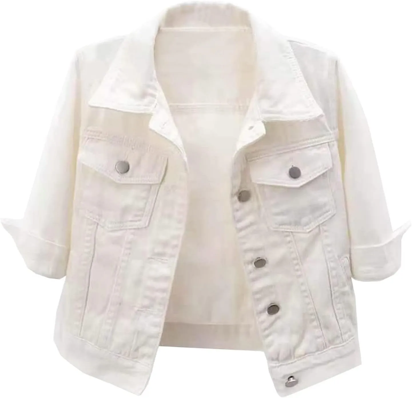 Womens Cropped Denim Jacket Button Down Jean Jacket Lightweight Trucker Coat Casual 3/4 Sleeve Tops with Pockets
