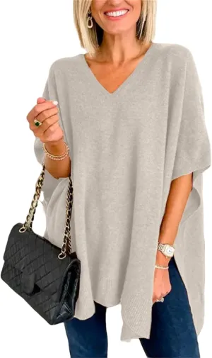 Womens Poncho Sweater Oversized Knit Batwing Sleeve Cape Sweaters Loose High Low Hem Side Slit Pullover Jumper Tops