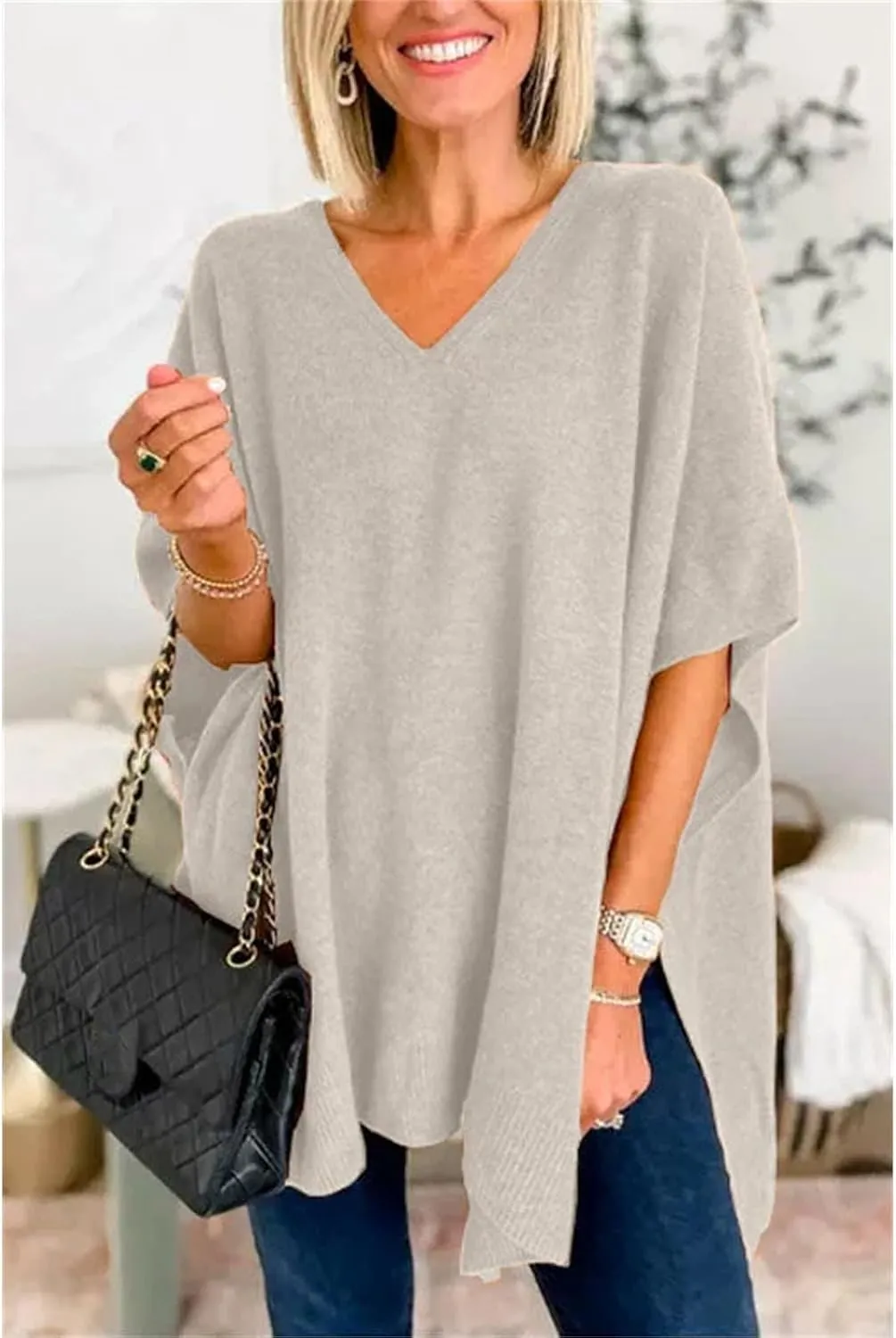 Womens Poncho Sweater Oversized Knit Batwing Sleeve Cape Sweaters Loose High Low Hem Side Slit Pullover Jumper Tops