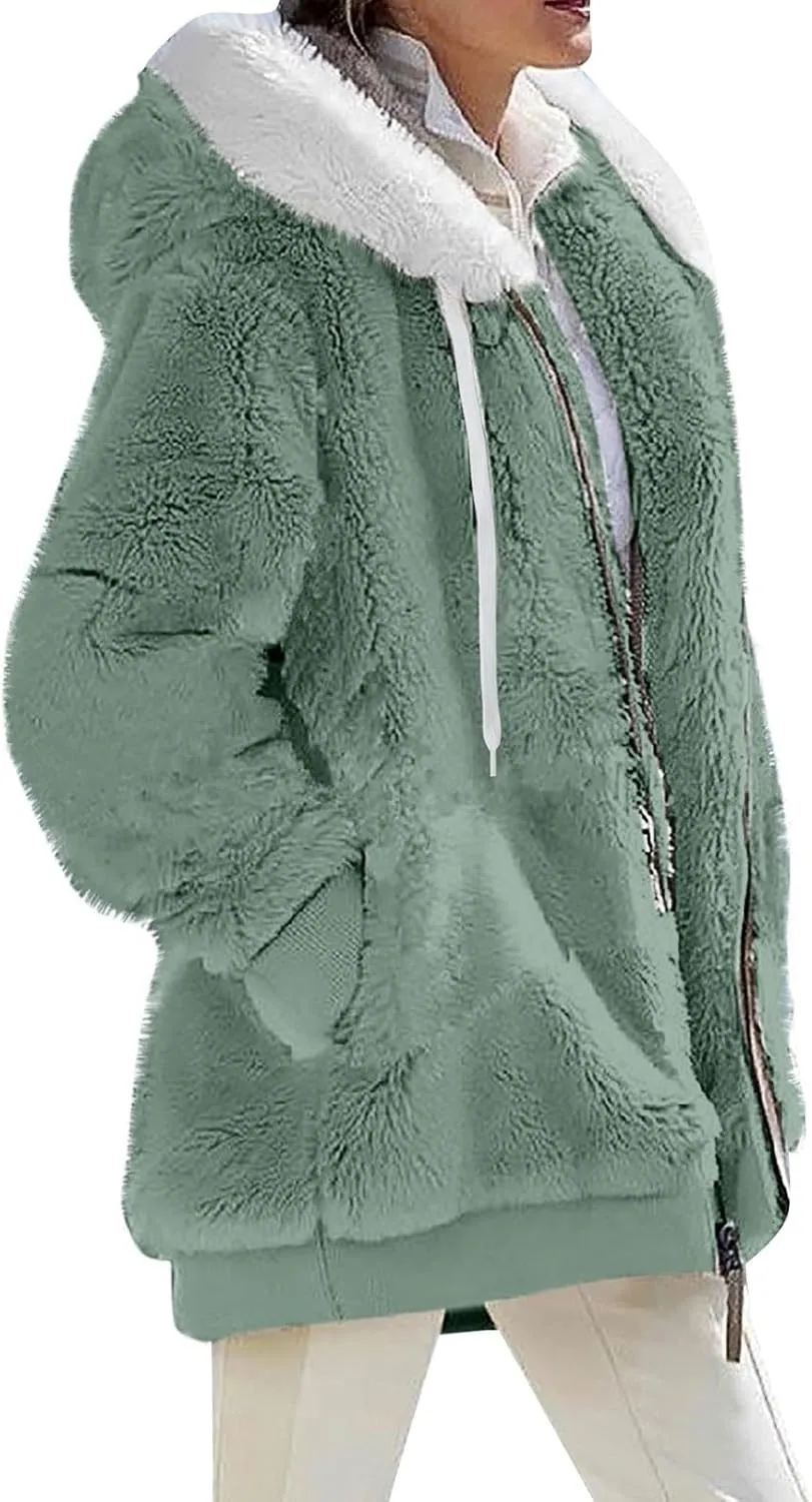 Womens Winter Coats Plus Size Full Zip Sherpa Jacket Baggy Drawstring Hooded Coat Comfy Soft Warm Jackets w/Pockets