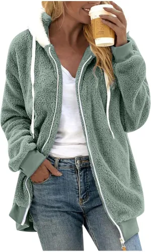 Womens Winter Coats Plus Size Full Zip Sherpa Jacket Baggy Drawstring Hooded Coat Comfy Soft Warm Jackets w/Pockets