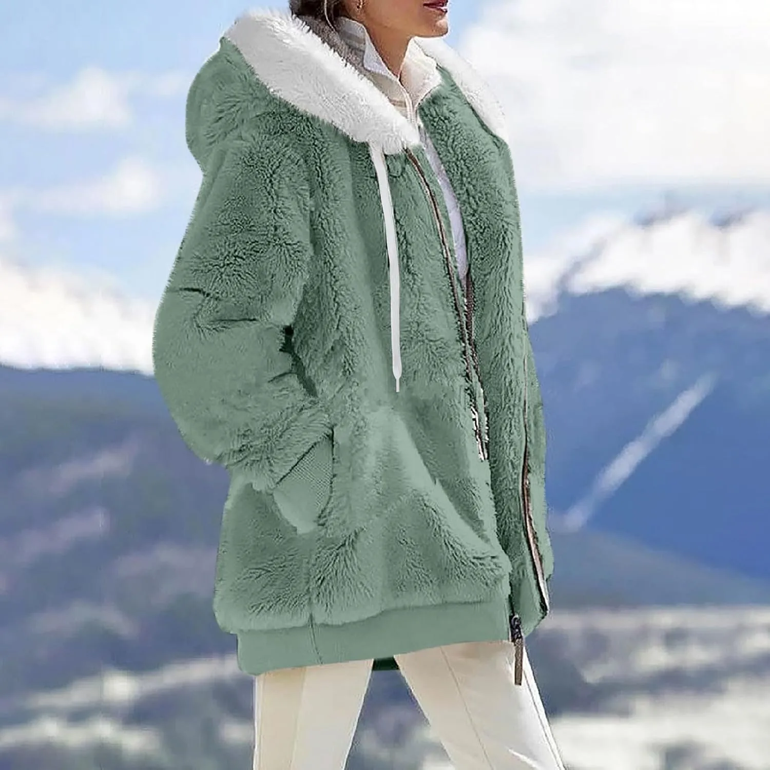 Womens Winter Coats Plus Size Full Zip Sherpa Jacket Baggy Drawstring Hooded Coat Comfy Soft Warm Jackets w/Pockets
